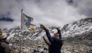 In this handout photo taken and released by the International Centre for Integrated Mountain Development (ICIMOD) on May 12, 2025, Nepali monks during a tribute ceremony for the Yala Glacier in Langtang Valley. (Photo by Jitendra Raj Bajracharya / International Centre for Integrated Mountain Development (ICIMOD)