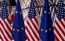 This picture shows flags prior to an EU - US summit at the European Union headquarters in Brussels on June 15, 2021. Photo by Kenzo Tribouillard / AFP