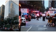 Left: Police are seen outside 345 Park Ave where a shooting incident took place in the Midtown Manhattan neighborhood of New York. Right: Police are seen near emergency vehicles as they respond to a shooting incident in the Midtown Manhattan neighborhood of New York on July 28, 2025. Photos by John Lamparski and Charly Triballeau/ AFP

