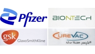 This combination of 4 pictures created on August 08, 2025 shows (top L-R) a handout image released by Pfizer on January 2021 showing the logo of the US pharmaceutical and biotechnology corporation Pfizer, a logo of biopharmaceutical company BioNTech pictured at their headquarters on September 18, 2020 in Mainz, western Germany, (bottom L-R) the logo of pharmaceutical company GlaxoSmithKline pictured in west London on July 29, 2013 and the logo of the biopharmaceutical company CureVac at company's headquarters in Tuebingen, southern Germany, pictured on December 15, 2020. (Photo by various sources / AFP) 