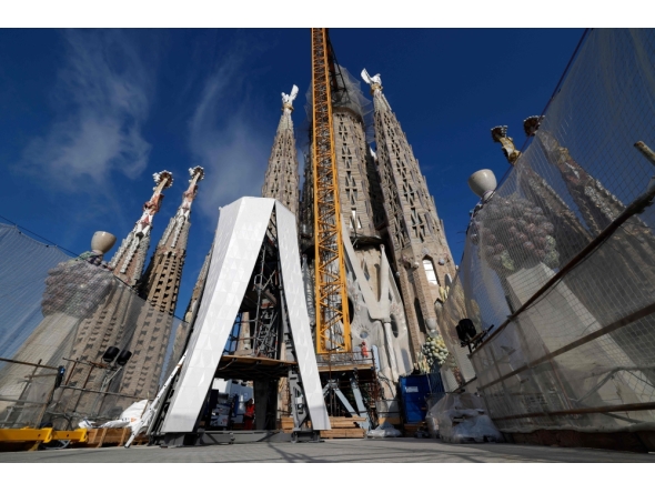 The current progress of the construction of the Sagrada Familia basilica on September 18, 2025. (Photo by Lluis Gene / AFP)