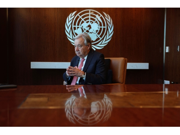 UN Secretary-General Antonio Guterres speaks during an AFP interview ahead of the 80th session of the United Nations General Assembly (UNGA 80) at UN headquarters in New York on September 19, 2025. (Photo by Angela Weiss / AFP)