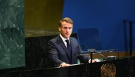 France's President Emmanuel Macron speaks during a United Nations Summit on Palestinians at UN headquarters during the United Nations General Assembly (UNGA) in New York on September 22, 2025. (Photo by Angela Weiss / AFP)