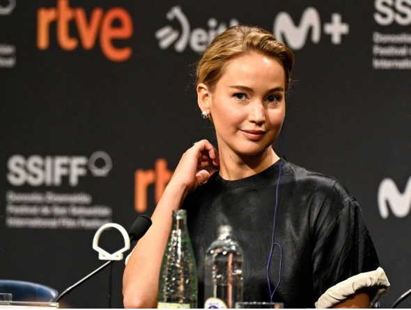 US actress and producer Jennifer Lawrence attends a press conference hours before receiving the Donostia lifetime achievement award on September 26, 2025. (Photo by Ander Gillenea / AFP)
