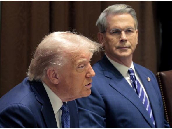 US Treasury Secretary Scott Bessent listens as US President Donald Trump delivers remarks during a bilateral lunch with Norway's Prime Minister Jonas Gahr Store in the Cabinet Room at the White House on April 24, 2025 in Washington, DC. (Photo by CHIP SOMODEVILLA / GETTY IMAGES NORTH AMERICA / Getty Images via AFP)
