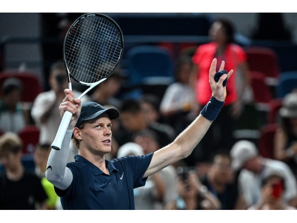 Italy Jannik Sinner reacts after winning against Germany Daniel Altmaier during their men's singles match at the Shanghai Masters tennis tournament in Shanghai on October 4, 2025. (Photo by Jade GAO / AFP)
