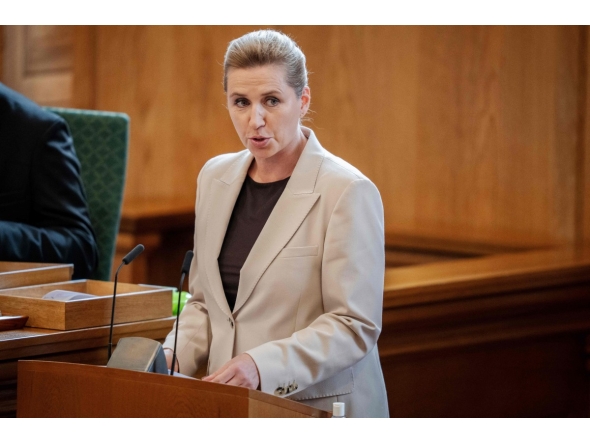 Denmark's Prime Minister Mette Frederiksen speaks during the opening of the Danish Parliament at Christiansborg Palace in Copenhagen, on October 7, 2025. (Photo by Mads Claus Rasmussen / Ritzau Scanpix / AFP) 