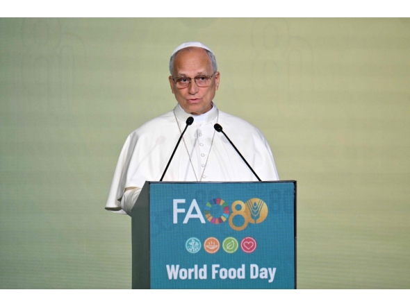 Pope Leo XIV delivers a speech during the World Food Day event in Rome on October 16, 2025. (Photo by Alberto Pizzoli / AFP)