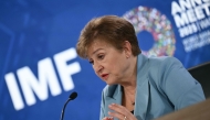 IMF Managing Director Kristalina Georgieva speaks during a press conference during the IMF/World Bank annual meetings at the IMF headquarters in Washington, DC, on October 16, 2025. (Photo by Brendan SMIALOWSKI / AFP)