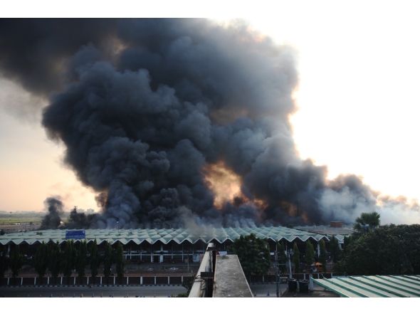 This photo taken on Oct. 18, 2025 shows a massive fire in the cargo area of Hazrat Shahjalal International Airport in Dhaka, Bangladesh. (Photo by Habibur Rahman/Xinhua)