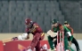 West Indies' Justin Greaves (L) plays a shot during the second one-day international (ODI) cricket match between Bangladesh and West Indies at the Sher-e-Bangla National Cricket Stadium in Dhaka on October 21, 2025. (Photo by Munir UZ ZAMAN / AFP)