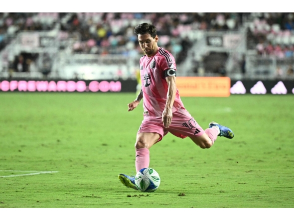 (FILES) Inter Miami's Argentine forward #10 Lionel Messi kicks the ball during the Major League Soccer (MLS) regular season football match between Inter Miami CF and Chicago Fire FC at Chase Stadium in Fort Lauderdale, Florida, on September 30, 2025. (Photo by CHANDAN KHANNA / AFP)