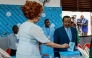 Paul Biya with wife Chantal Biya (L) cast their ballot at a polling station in Yaounde on October 12, 2025 during Cameroon's presidential election. Photo by Daniel Olomo / AFP
