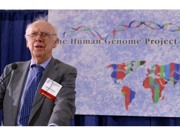 Nobel Prize laureate James D. Watson speaks at a press conference to announce that a six-country consortium has successfully drawn up a complete map of the human genome. Photo by AFP