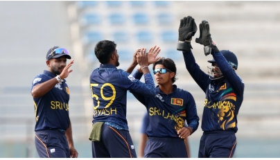 Sri Lanka A captain Dunith Wellalage (second right) celebrates with teammates. 