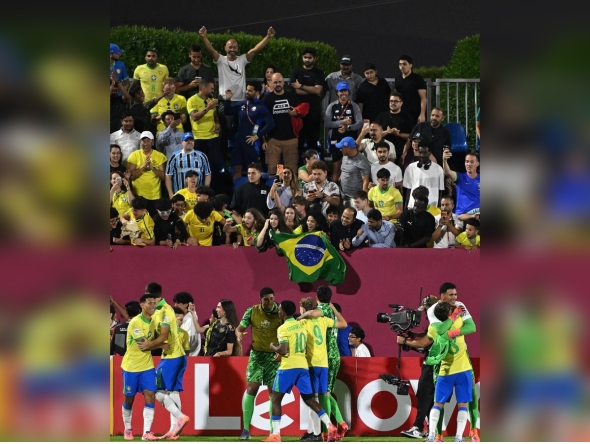 Brazil players celebrate after winning the match. PIC: CBF