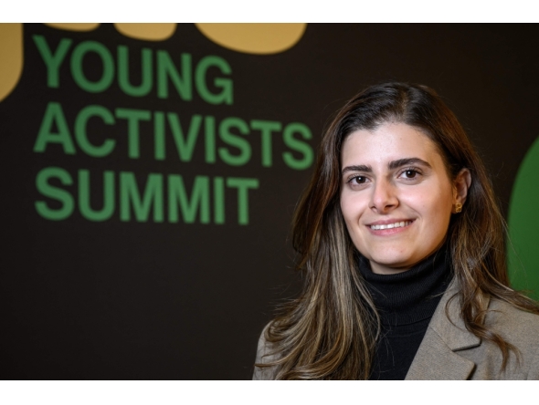 Young activist Lebanon's Marina El Khawand poses on the eve of the Young Activists Summit award ceremony at the UN in Geneva, on November 19, 2025. (Photo by Fabrice Coffrini / AFP)