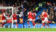 FILE PHOTO: Arsenal's Gabriel Magalhaes celebrates scoring their goal with teammates during the EPL match against Chelsea at Stamford Bridge, London, on November 6, 2022. REUTERS/Hannah Mckay