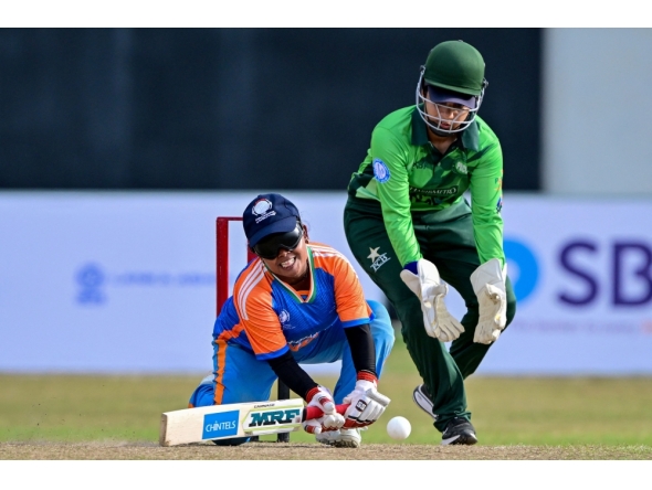 (Files) India's Simu Das (L) plays a shot during the Women's Blind Twenty20 World Cup 2025 match between India and Pakistan at the BOI Cricket Stadium in Katunayake on November 16, 2025. (Photo by Ishara S. Kodikara / AFP)