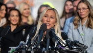 (Files) US Representative Marjorie Taylor Greene, Republican of Georgia, speaks during a press conference at the US Capitol in Washington, DC on November 18, 2025. (Photo by Daniel Heuer / AFP)