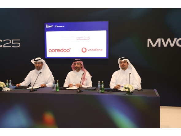 President of CRA Engineer Ahmad bin Abdulla AlMuslemani; Chief Executive Officer of Ooredoo Qatar Sheikh Ali bin Jabor bin Mohammad Al Thani and Chief Executive Officer at Vodafone Qatar Sheikh Hamad Abdulla Jassim Al Thani during signing of the Letter of Intent.  