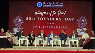 Managing Director of Aditya Birla Real Estate Ltd and Senior Governing Council Member of Birla Public School Qatar, R K Dalmia; Vice-Chairman Dr. Mohan Thomas; and Board Directors C V Rappai, Lukose K Chacko, and Gope Shahani, along with other officials, during the event.