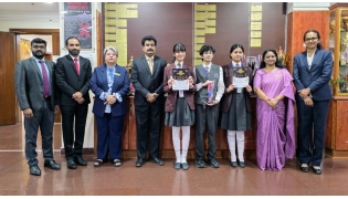 Birla Public School principal and staff with the winning students. 