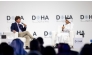 Prime Minister and Minister of Foreign Affairs H E Sheikh Mohammed bin Abdulrahman bin Jassim Al-Thani in discussion with Tucker Carlson at the Doha Forum yesterday.