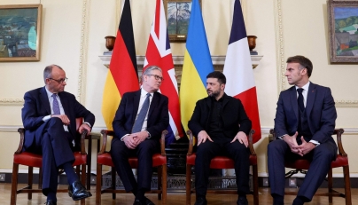 FROM LEFT: Germany’s Chancellor Friedrich Merz, Britain’s Prime Minister Keir Starmer, Ukraine’s President Volodymyr Zelensky and French President Emmanuel Macron during the meetings. (AFP)