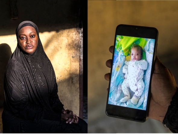 Collage of Mariam Soumah (left) at her home in Conakry and a photo of her daughter Sabina on December 29, 2025. (Photo by Patrick Meinhardt / AFP)