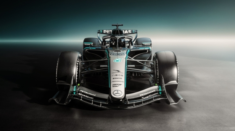 This undated photo released on January 26, 2026 by Mercedes-Benz Group AG shows the company's new Mercedes-AMG PETRONAS F1 Team car. (Photo by Handout / Mercedes-Benz Group AG / AFP)