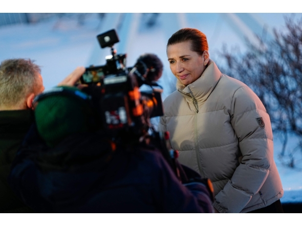 Denmark's Prime Minister Mette Frederiksen talks to the press during sunset in Nuuk, Greenland, on January 23, 2026. (Photo by Mads Claus Rasmussen / Ritzau Scanpix / AFP) 