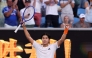 USA's Learner Tien celebrates victory over Russia's Daniil Medvedev after their men's singles match on day eight of the Australian Open tennis tournament in Melbourne on January 25, 2026. (Photo by David Gray / AFP)