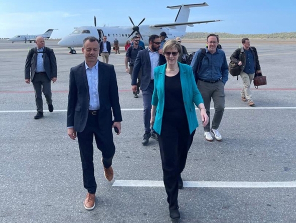 The new head of the United States diplomatic mission for Venezuela Laura Dogu (C) walking upon arrival to Maiquetia International Airport, La Guaira state, Venezuela on January 31, 2025. (Photo by Handout / US Embassy / Venezuela Affairs Unit / AFP)