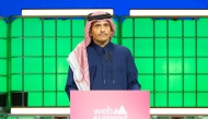 Prime Minister and Minister of Foreign Affairs H E Sheikh Mohammed bin Abdulrahman bin Jassim Al-Thani delivering a speech during the opening of Web Summit Qatar 2026.