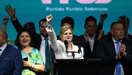 Costa Rica presidential candidate from the Sovereign People Party, laura Fernandez, gestures to supporters during her victory speech after the presidential election results at the Aurola Hotel, in San Jose on February 1, 2026. (Photo by Marvin Recinos/ AFP)
