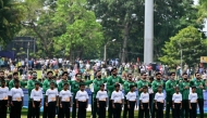 Pakistan players stand for the national anthem before the start of the 2026 ICC Men's T20 Cricket World Cup group stage match between Pakistan and Netherlands at the Sinhalese Sports Club (SSC) Ground in Colombo on February 7, 2026. (Photo by Ishara S.Kodikara / AFP)
 