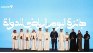 Minister of Sports and Youth H E Sheikh Hamad bin Khalifa bin Ahmed Al-Thani and Minister of State for Interior Affairs H E Sheikh Abdulaziz bin Faisal Al-Thani with the honourees.