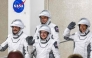 NASA astronauts Jessica Meir (C), commander, and Jack Hathaway (L), pilot, ESA (European Space Agency) astronaut Sophie Adenot (R), and Roscosmos cosmonaut Andrey Fedyaev (2ndL) walk out as they prepare to travel to the SpaceX Falcon 9 rocket with the company's Dragon spacecraft at Space Launch Complex 40 for the Crew-12 mission at Cape Canaveral Space Force Station in Florida, on February 13, 2026. (Photo by Jim WATSON / AFP)