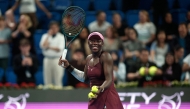 Canada's Victoria Mboko reacts after beating Latvia's Jelena Ostapenko in semi-final match at the Qatar Open tennis tournament in Doha on February 13, 2026. (Photo by Karim Jaafar / AFP)