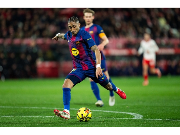 Raphinha of Barcelona shoots during the La Liga football match between Girona FC and FC Barcelona in Girona, Spain, Feb. 16, 2026. (Photo by Joan Gosa/Xinhua)