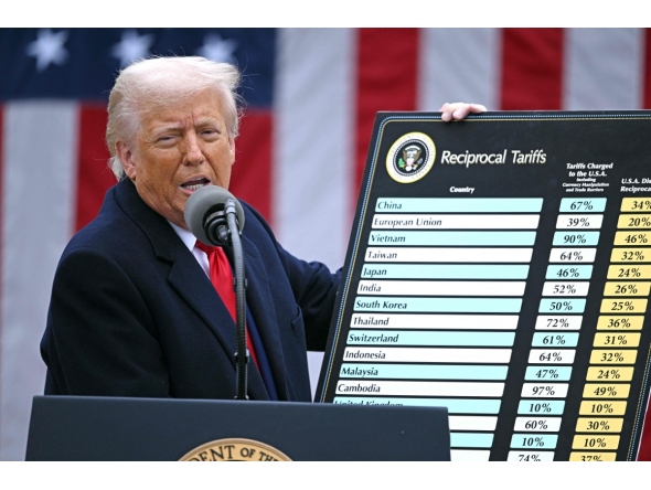 US President Donald Trump holds a chart as he delivers remarks on reciprocal tariffs during an event in the Rose Garden entitled 