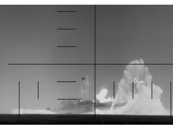 This frame grab from a video released by the US Department of Defense on March 4, 2026, shows what the Department of Defense says is periscope footage of a US Navy submarine firing on and sinking an Iranian warship in the Indian Ocean. Photo by US Department of Defense / AFP