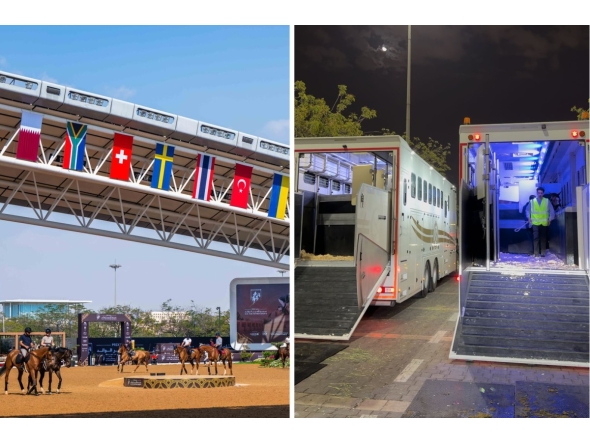 While some riders, trainers and horses remain at the Longines Arena at Al Shaqab (left), few horses were transported to Europe via two emergency flights.