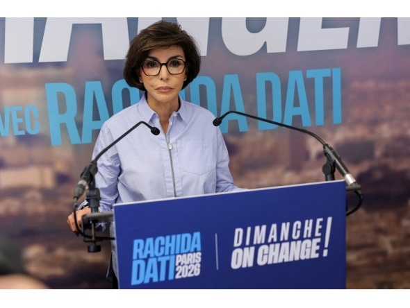 Right-wing Les Republicains (LR) party candidate in Paris, Rachida Dati delivers a speech in Paris on March 15, 2026. (Photo by Thomas Samson / AFP)