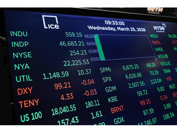 Stock market numbers are displayed on the floor of the New York Stock Exchange during morning trading on March 25, 2026 in New York City. Photo by Michael M. Santiago / GETTY IMAGES NORTH AMERICA / Getty Images via AFP