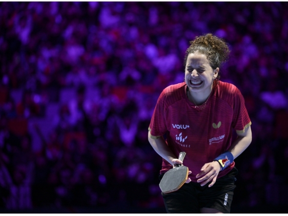 Hana Goda of Egypt reacts during the women's singles quarterfinal match against Sun Yingsha of China in Macao, China, April 4, 2026. (Xinhua/Yu Yang)