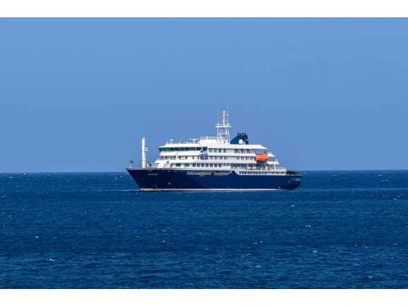 A general view of the cruise ship MV Hondius stationary off the port of Praia, the capital of Cape Verde, on May 3, 2025. Photo by AFP
