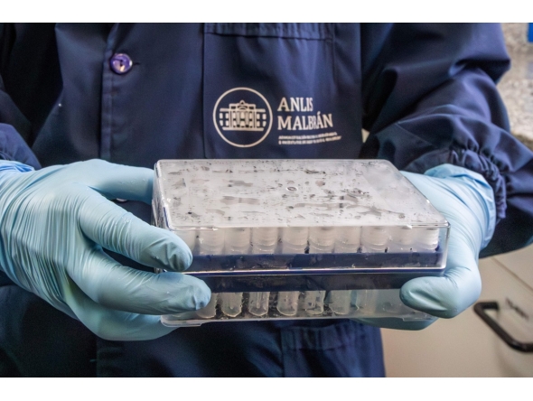 This handout picture released by Argentina's Health Ministry shows a scientist from the Malbran Institute handling containers used to diagnose the Andes hantavirus, which contain RNA from the Andes virus as part of the detection process, in Buenos Aires on May 6, 2026. (Photo by Handout / ARGENTINE HEALTH MINISTRY / AFP)