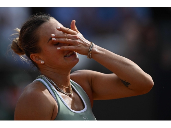 Belarus' Aryna Sabalenka reacts during her match against Romania's Sorana Cirstea during the WTA Rome Open tennis tournament at Foro Italico in Rome on May 9, 2026. (Photo by Tiziana FABI / AFP)